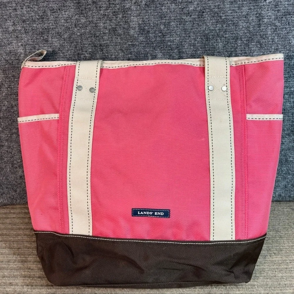 Lands End Pink Canvas Tote Bag Monogram LSV Zip Top Medium Travel Beach Bag